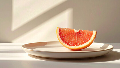 Single slice of grapefruit on minimalist plate with morning light, close up