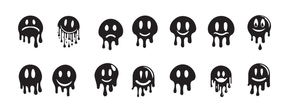 hand drawn melting smiley faces silhouette set doodle