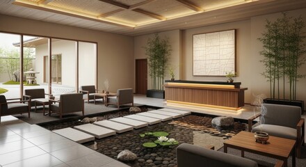 Modern zen interior tranquil lobby with water feature and natural light