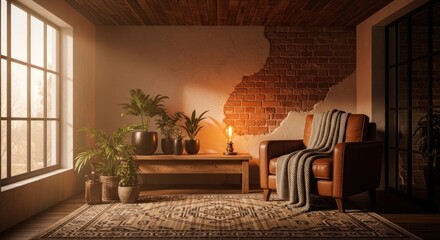Cozy interior scene with plants armchair and natural light for relaxation