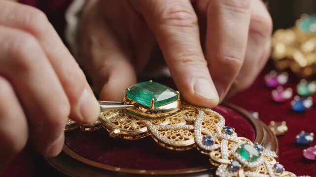 Artisan carefully crafting a luxurious jewelry piece with emerald gems