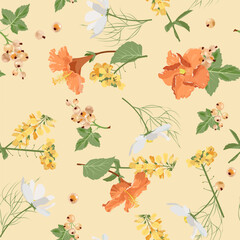 Seamless vector illustration featuring wild flowers and white currants against a beige backdrop.