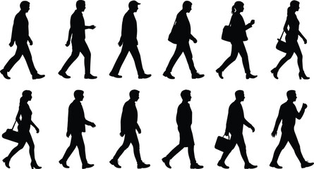 Walking people silhouettes, diverse human figures, casual and professional attire, carrying bags, urban lifestyle, posture study, motion analysis, design reference