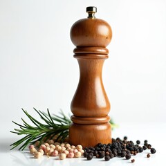 Wooden pepper mill with peppercorns and rosemary sprig. Natural seasoning object for cooking and gastronomy. Fresh spice for flavorful meals. Isolated on white background.