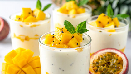 Yogurt bowl with tropical fruits: pineapple, mango, and passion fruit, macro close up