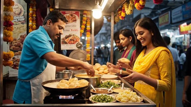 Street food vendor serving customer traditional Indian snacks