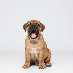Obraz premium Adorable Brown Puppy Sitting with Mouth Open on White Background - Charming Stock Photo