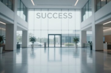 Obraz premium Business Success Concept: Modern Office Lobby with 'Success' Text Overlay, Symbolizing Achievement and Corporate Growth