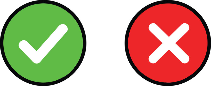 Check and cross approval icon set with green tick and red close symbols for confirmation and decision interfaces