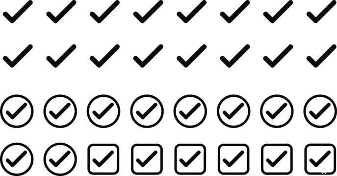Check mark icon set with ticks in circles and squares for approval, validation, checklist, and user interface design