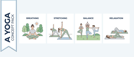Set of Four Yoga Concept Vector Illustrations Featuring People Practicing Breathing Exercises, Stretching, Balance Poses, and Relaxation Techniques in a Park for Wellness and Healthy Lifestyle.