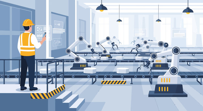 Factory worker using tablet in automated assembly line with robotic arms