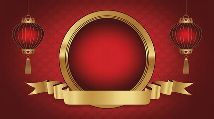 Luxurious red and gold Chinese New Year backdrop with a central ornate frame, ribbon, and hanging lanterns, perfect for festive greetings. © MDRAJAN