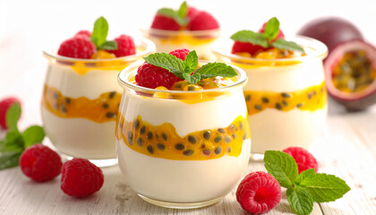 Yogurt bowl with raspberries, passion fruit, and mint garnish, macro close up