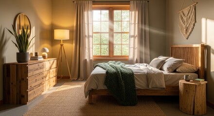 Cozy bedroom interior with sunlight streaming through a window morning ambiance