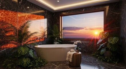 Luxury bathroom interior with natural light and tropical plants