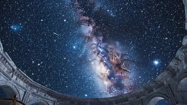 Astronomer studying the cosmos from inside an observatory