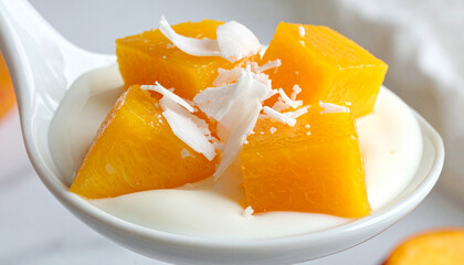 Yogurt with peach cubes and coconut flakes on porcelain spoon, macro close up