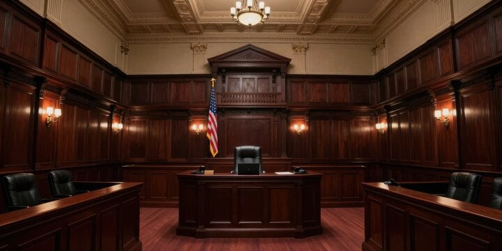 Empty courtroom interior with judge's bench, witness stand, jury box and American flag symbolizing law and justice