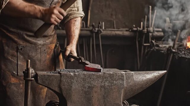 Blacksmith hammering hot metal on anvil in a smoky workshop
