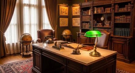 Elegant home office interior with desk globe and bookshelves professional workspace