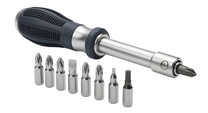 Multi-bit screwdriver set with interchangeable steel bits isolated on white background