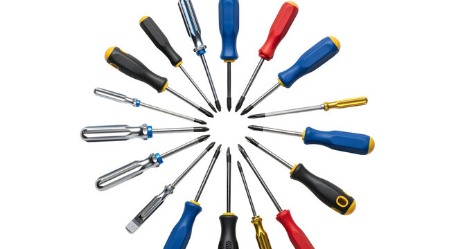 Variety of screwdrivers arranged in a circular pattern on a white background