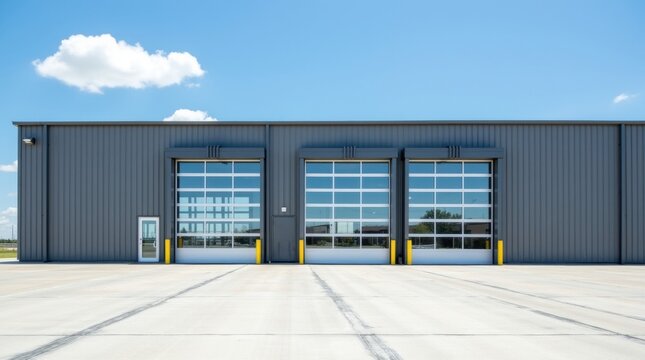 Exterior de almac&eacute;n moderno con grandes puertas de vidrio, puerta de entrada peque&ntilde;a, bolardos amarillos en un lote de concreto, cielo azul
