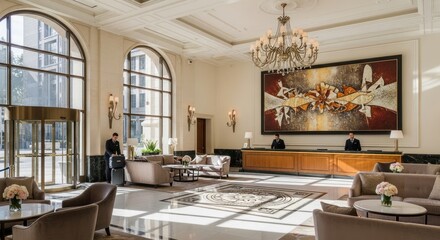 Elegant hotel lobby interior with large windows and art display for travel