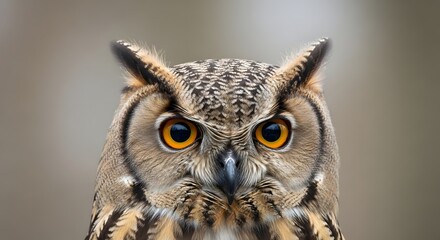 Obraz premium Majestic Eurasian Eagle-Owl Portrait Staring Directly with Intense Orange Eyes Against a Soft Blurred Background