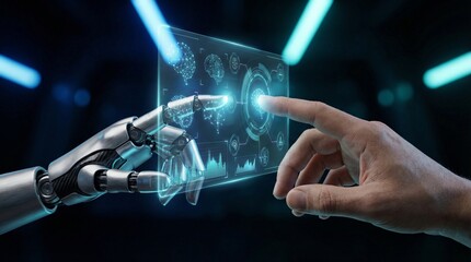 Human and Robotic Hand Interacting with 3D Holographic Data Interface and AI Technology