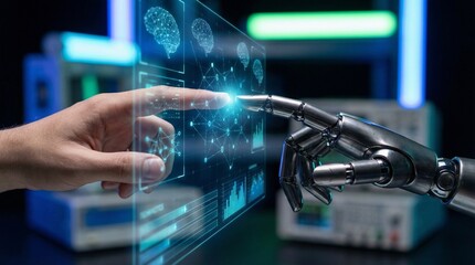 Human and Robotic Hand Interacting with 3D Holographic Data Interface and AI Technology