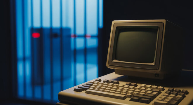 Retro 80s Computer Setup: Close-up of Vintage CRT Monitor and Keyboard in a Dark, Moody Environment with Blue and Red Lighting, Representing Old Technology and Nostalgia.