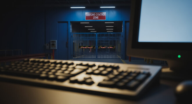 Security checkpoint desk setup with keyboard and monitor overlooking the Customs Control Zone gate, representing restricted access, logistics, and border security monitoring.