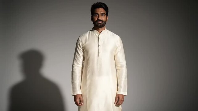 Man in Traditional Indian Kurta Standing Against a Grey Backdrop.
