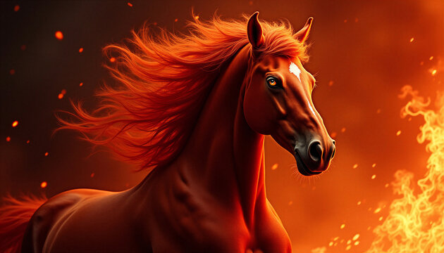 Postcard. The symbol of the New Year 2026 is a red fire horse, its mane blazing like flames, and its gaze full of power and mystery. The fiery hues of the background emphasize the energy and dynamism 