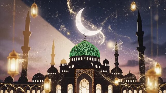 Islamic ornament with mosque silhouette and sparkling lights