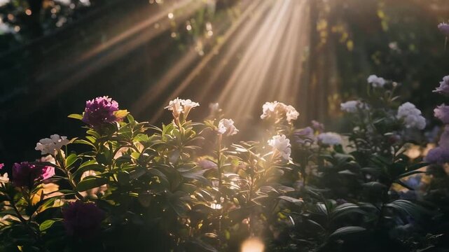 Flowers in the garden bathed in sunlight