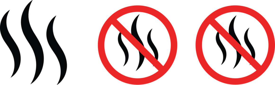 No smell and odor warning icon set with steam symbols and prohibition signs for safety and hygiene concepts