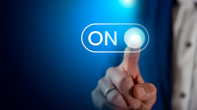 Businessman Pressing ON Button, Powering On Process Start, Activating System Settings, Business Decision Making And Digital Optimization Concept