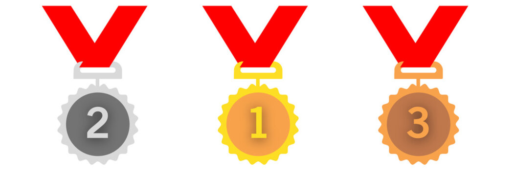 gold medal with ribbon, silver medal, bronze medle, first position, 1st, 2nd and 3rd grade position, winner, success, competition winner, prize, achievement, victory medals 