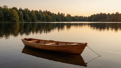Obraz premium Wooden Rowboat on Calm Lake at Sunset Offering Tranquility and Natural Beauty Scene