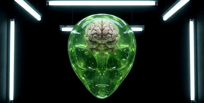 Alien Head with Exposed Brain Suspended in Green Fluid Laboratory Tank