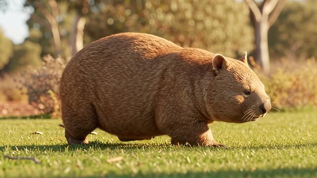 Wombat walking on green grass in a sunny field.