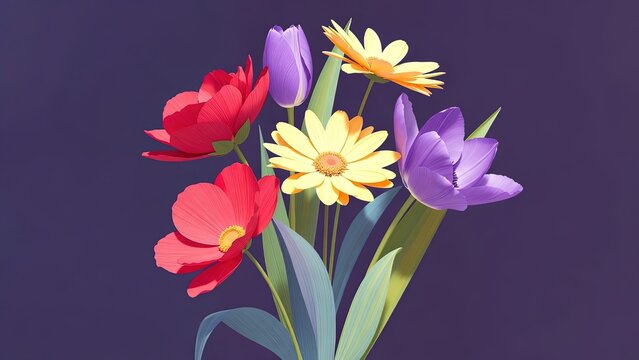 Colorful floral arrangement featuring red poppy flowers, yellow daisies, and purple tulips