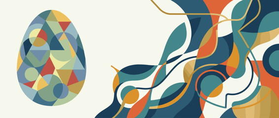 Modern Abstract Easter Egg Banner Illustration, Large Geometric Patterned Egg with Flowing Organic Lines and Shapes in Teal, Orange, and Yellow on a Neutral Background, Panoramic Vector Artwork