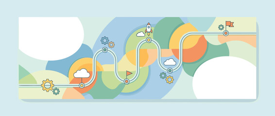 Fototapeta premium Panoramic vector banner illustration of a product roadmap with a winding timeline line and milestones including rocket, gears, flags, and clouds on a colorful abstract background for business.