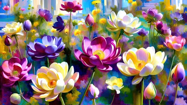 Radiant Water Lilies in Full Bloom a Symphony of Colors and Light