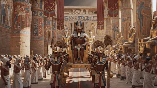 Egyptian Pharaoh sitting on throne with a royal procession in a hall