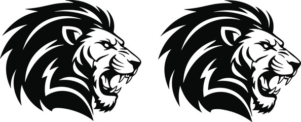 Stylized black and white vector illustration of lion head profile, bold mane lines and fierce open mouth symbolizing strength and leadership © Hafeza